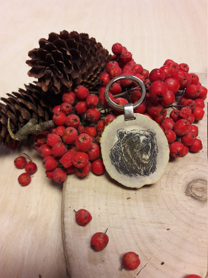 Engraved Grizzly Bear Keychain: Handmade Deer Horn Animal Keyring