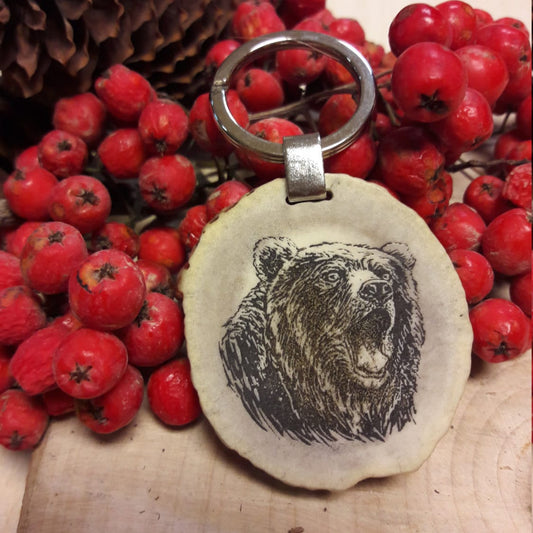 Engraved Grizzly Bear Keychain: Handmade Deer Horn Animal Keyring