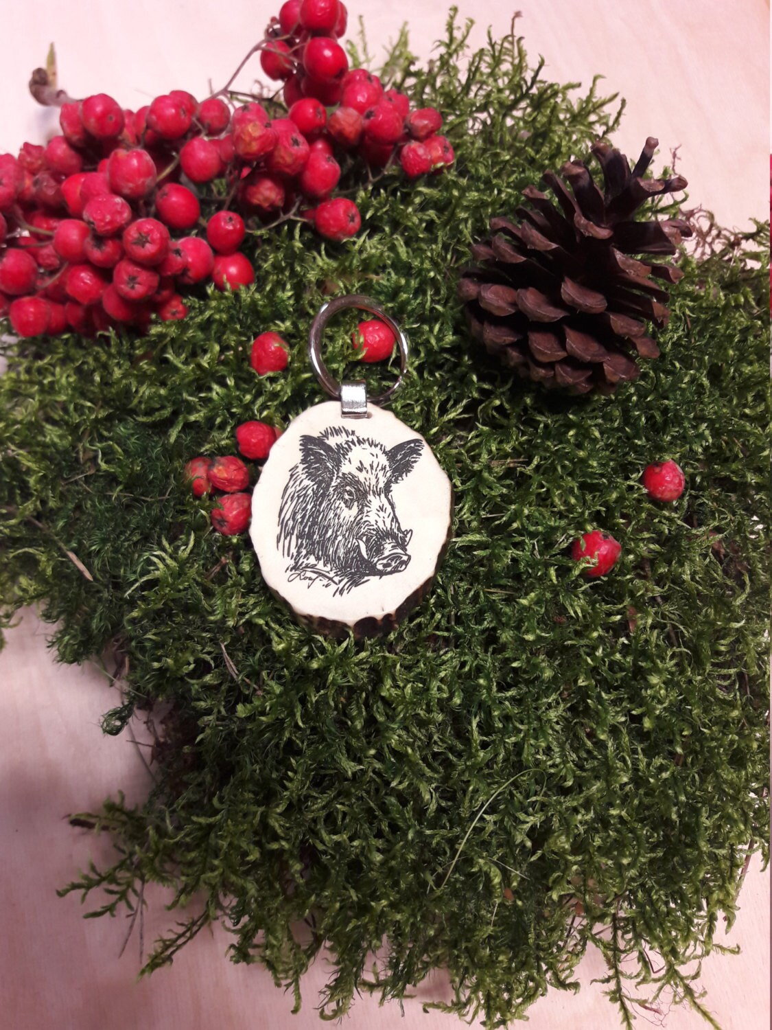 Engraved Wild Boar Keychain: Handmade Deer Horn Hunting Gift