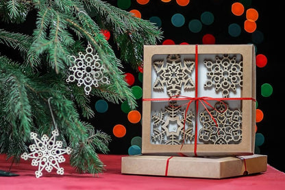 Laser Cut Wood Snowflake Christmas Ornaments - Set of 12