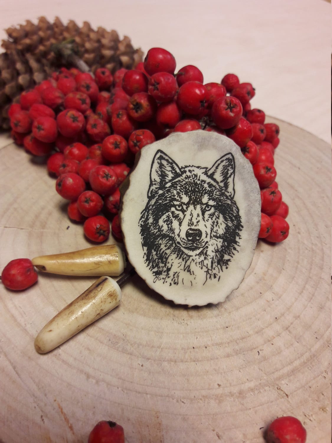 Engraved Wolf Bolo Tie: Deer Horn Pendant, Leather Strap Necklace