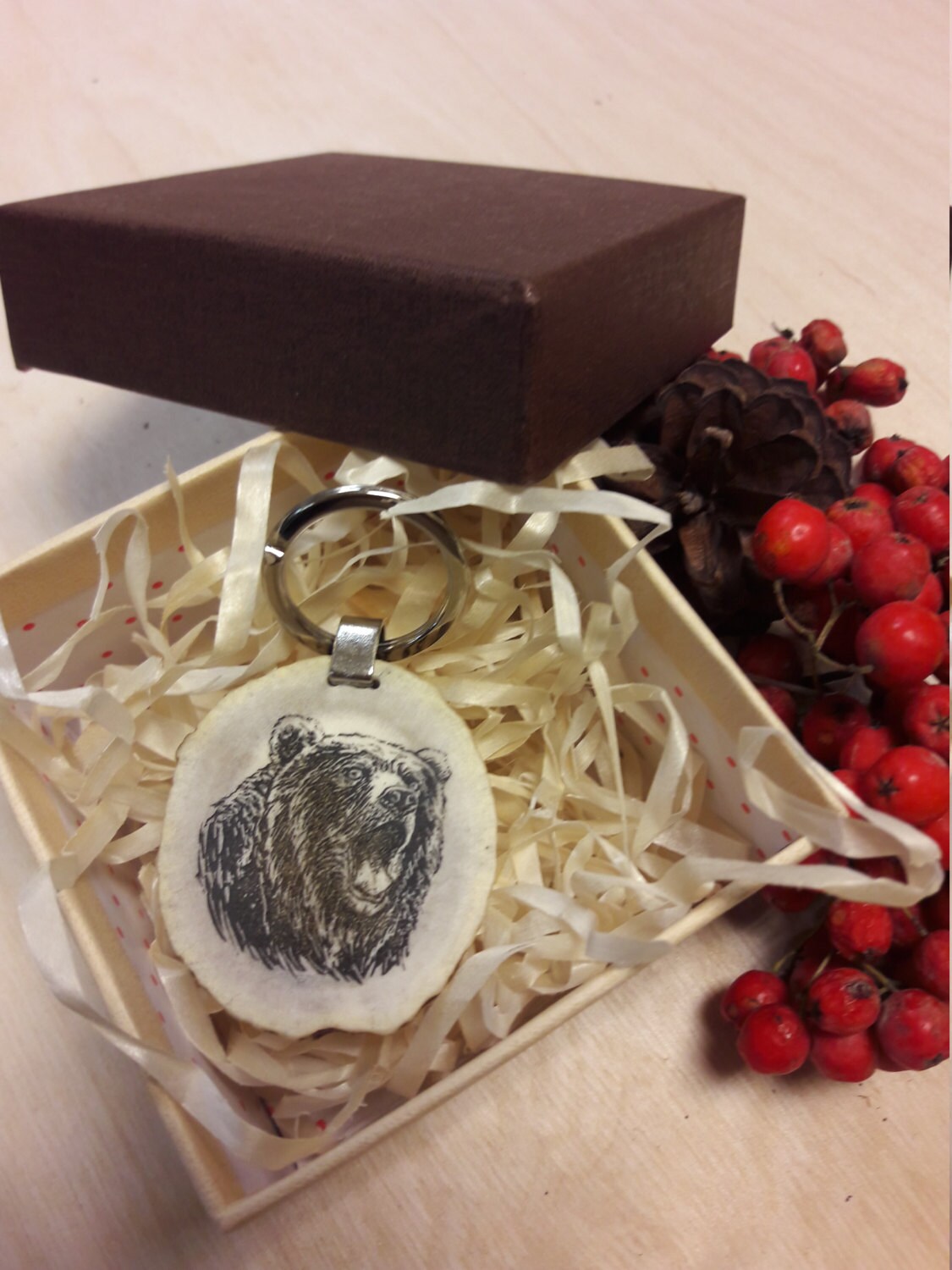 Engraved Grizzly Bear Keychain: Handmade Deer Horn Animal Keyring