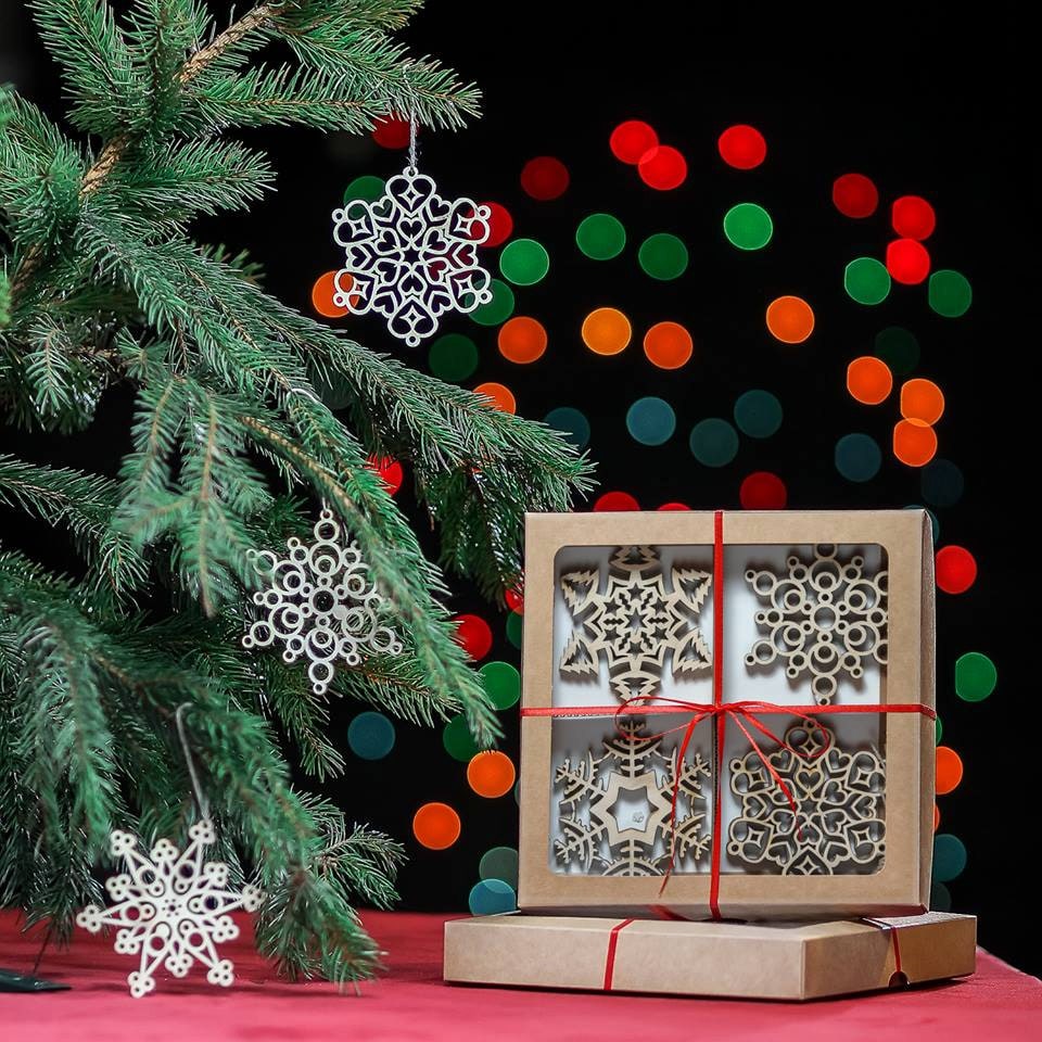 Laser Cut Wood Snowflake Christmas Ornaments - Set of 12