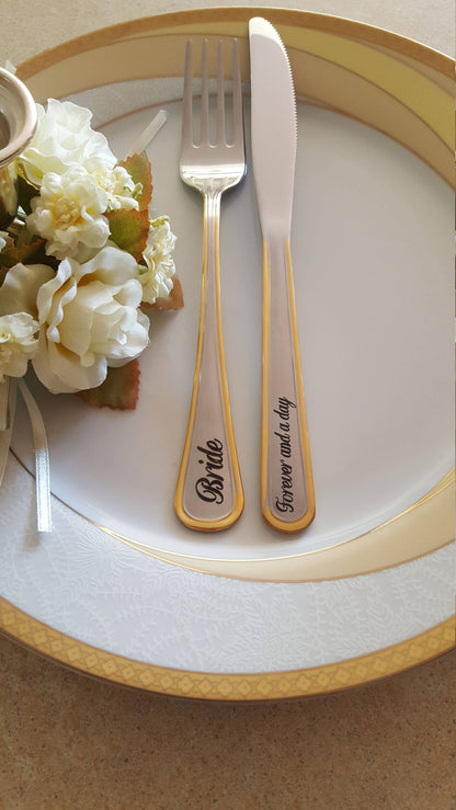 Engraved Wedding Knife and Fork Set: Personalized Gold Silverware