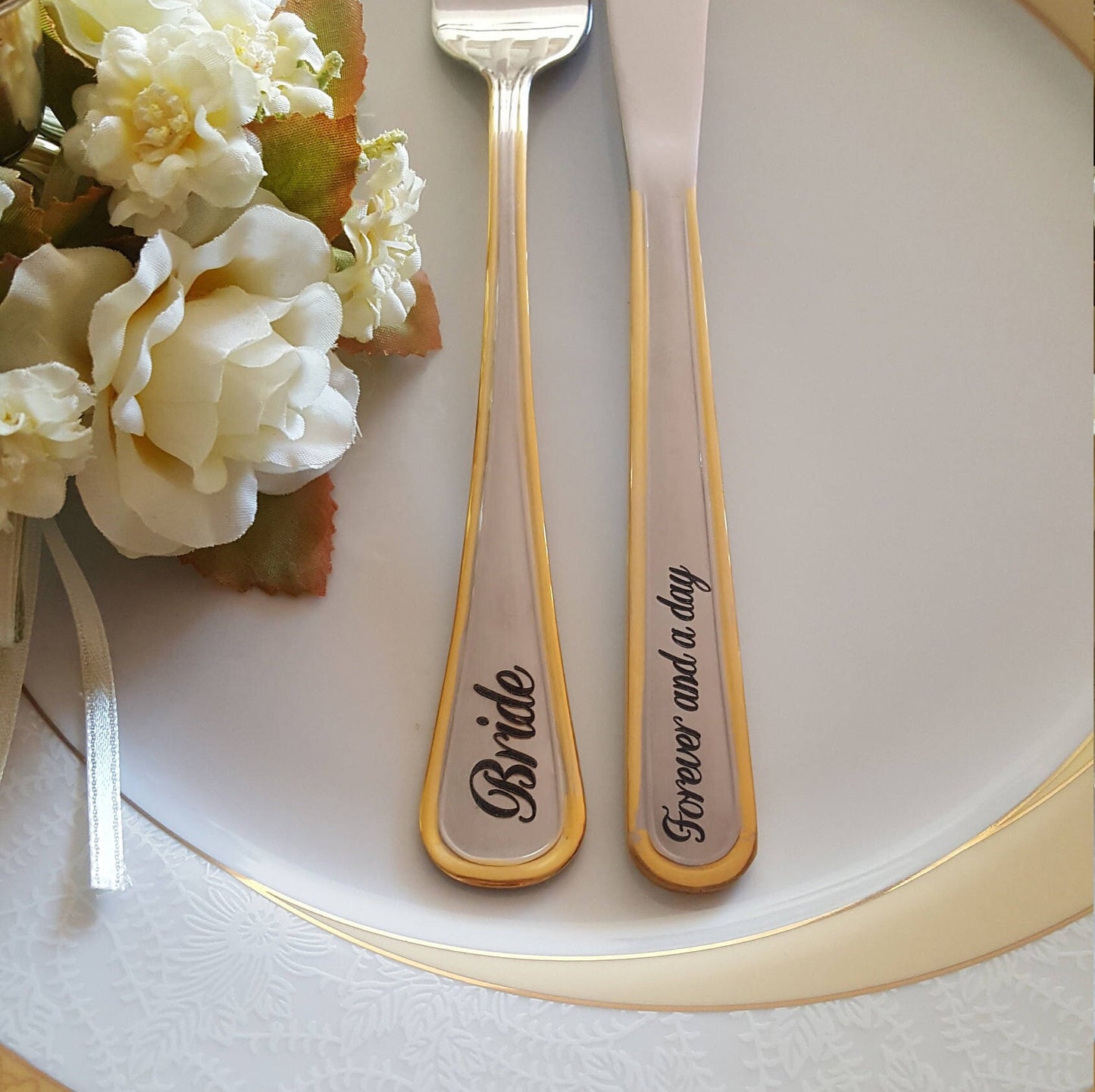 Engraved Wedding Knife and Fork Set: Personalized Gold Silverware