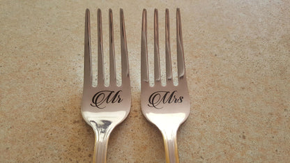 Engraved Wedding Forks: Mr. & Mrs. Personalized Stainless Steel Dining Set