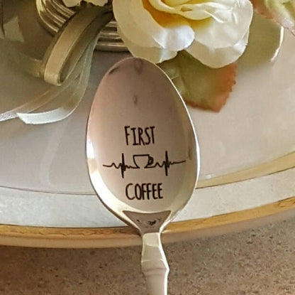 Engraved Coffee Spoon: "First Coffee" Stainless Steel Gift