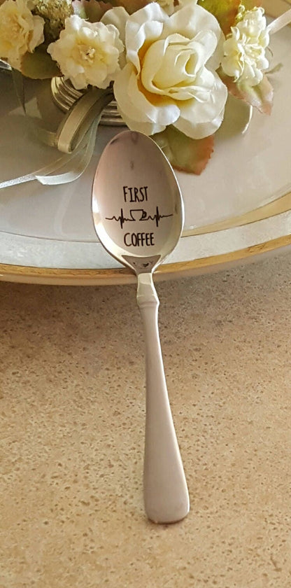 Engraved Coffee Spoon: "First Coffee" Stainless Steel Gift