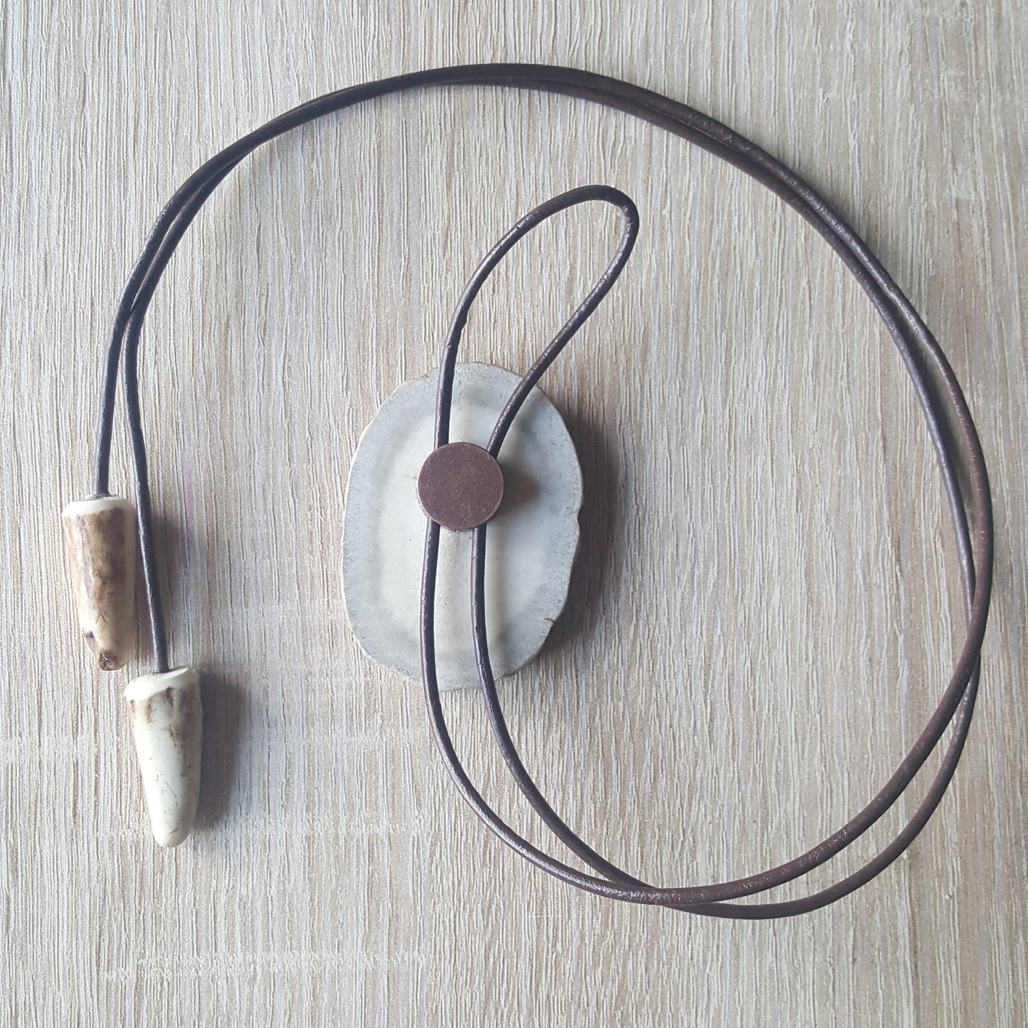 Engraved Wolf Bolo Tie: Deer Horn Pendant, Leather Strap Necklace