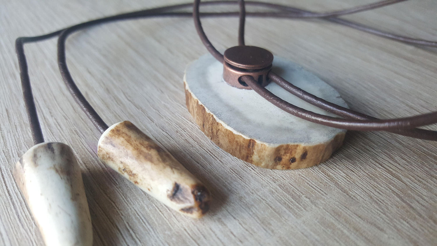 Engraved Wolf Bolo Tie: Deer Horn Pendant, Leather Strap Necklace