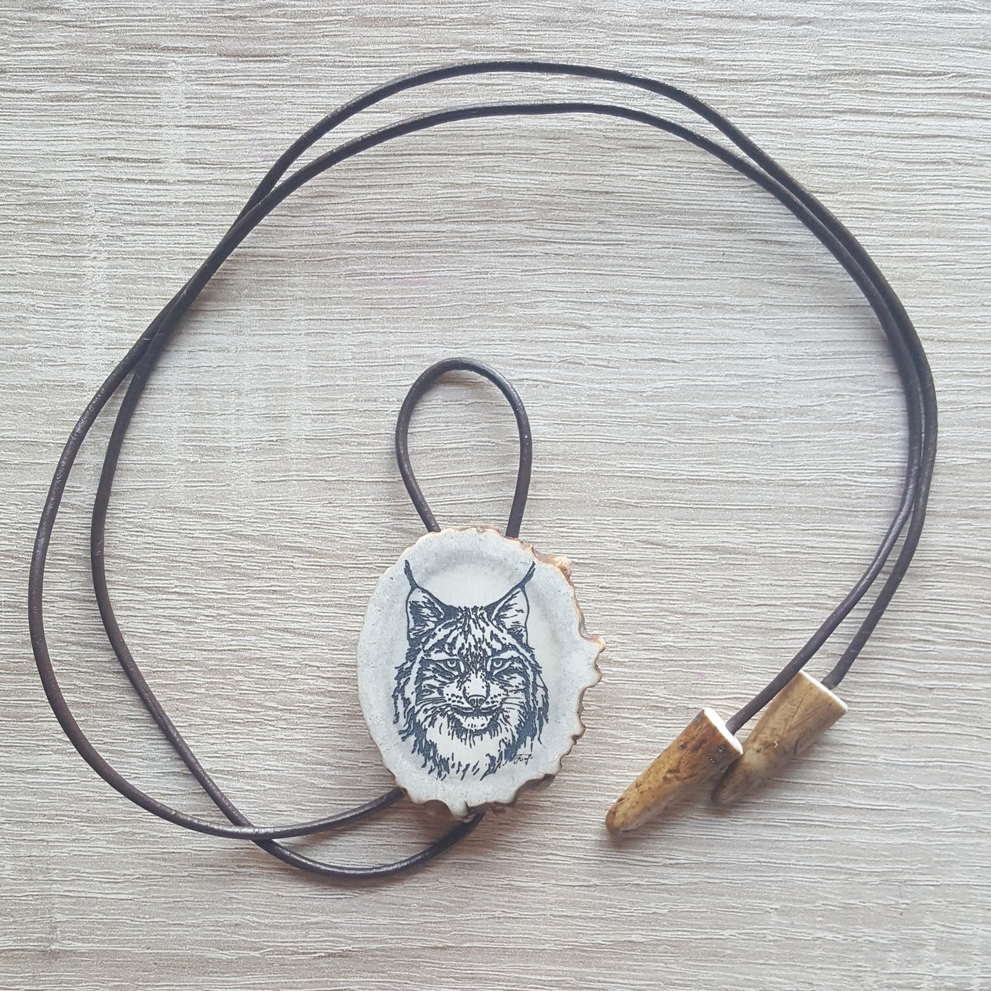 Engraved Lynx Bolo Tie: Deer Horn Pendant, Western Necklace