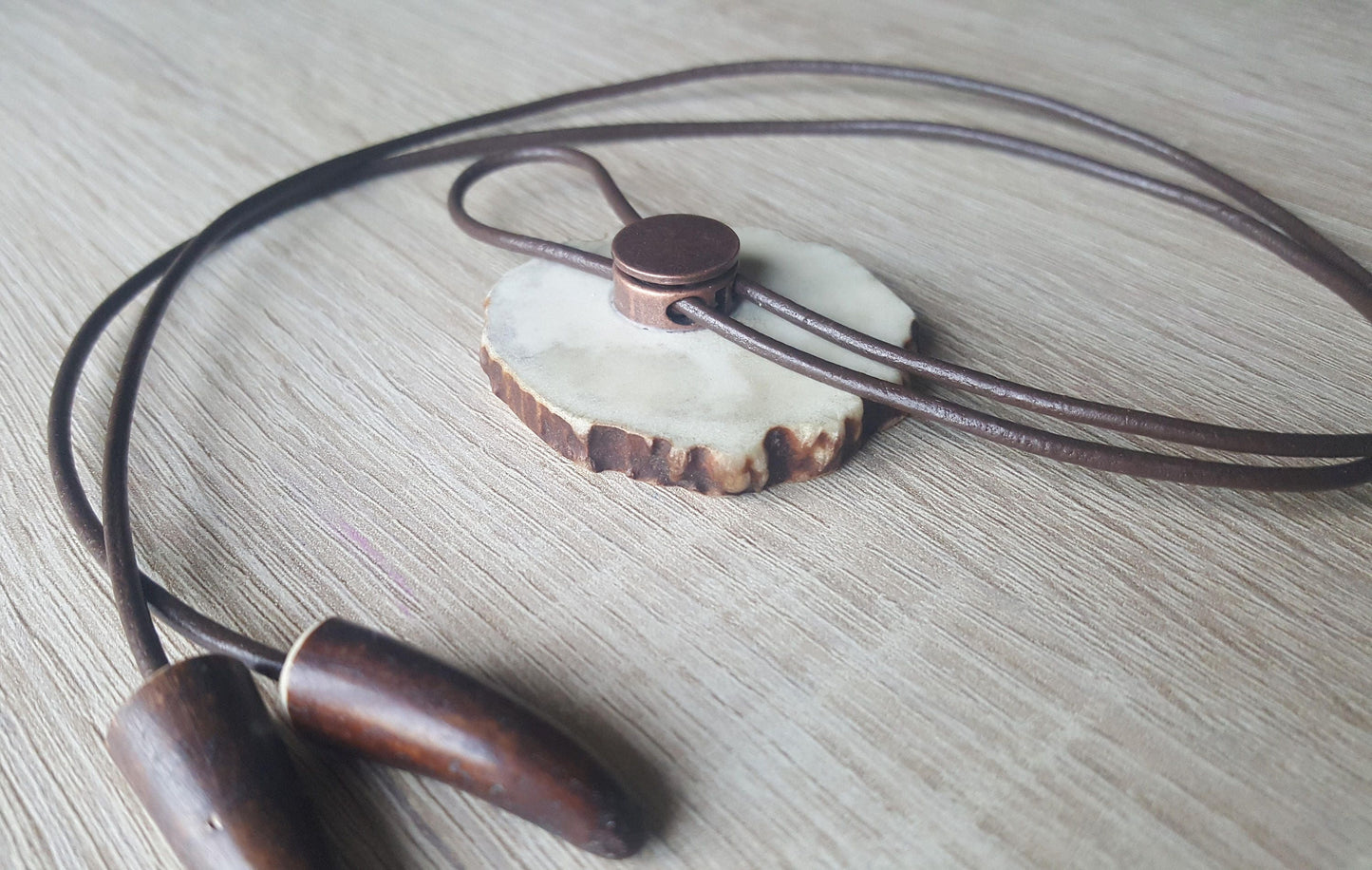 Engraved Grizzly Bear Bolo Tie: Handmade Deer Horn Pendant Necklace US TAXES PAID