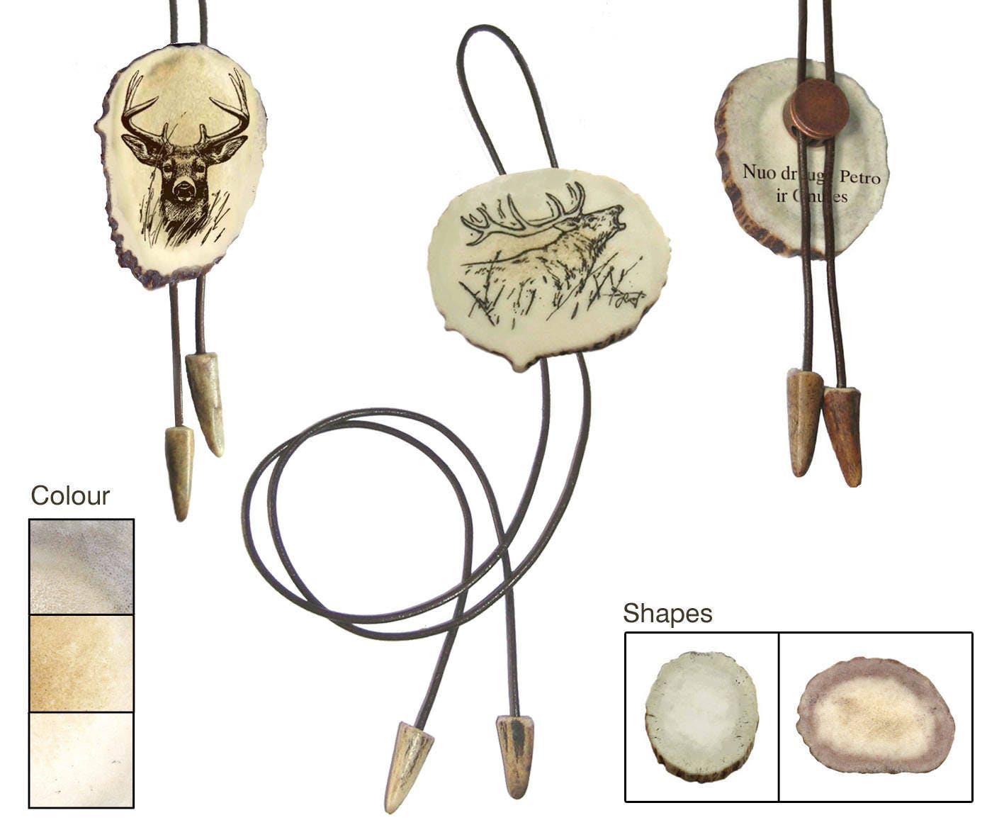 CUSTOM ORDER. 5 bolo ties with engraved animals on the front & text on the back side, 5 boxes included (engraved animals and text on each)