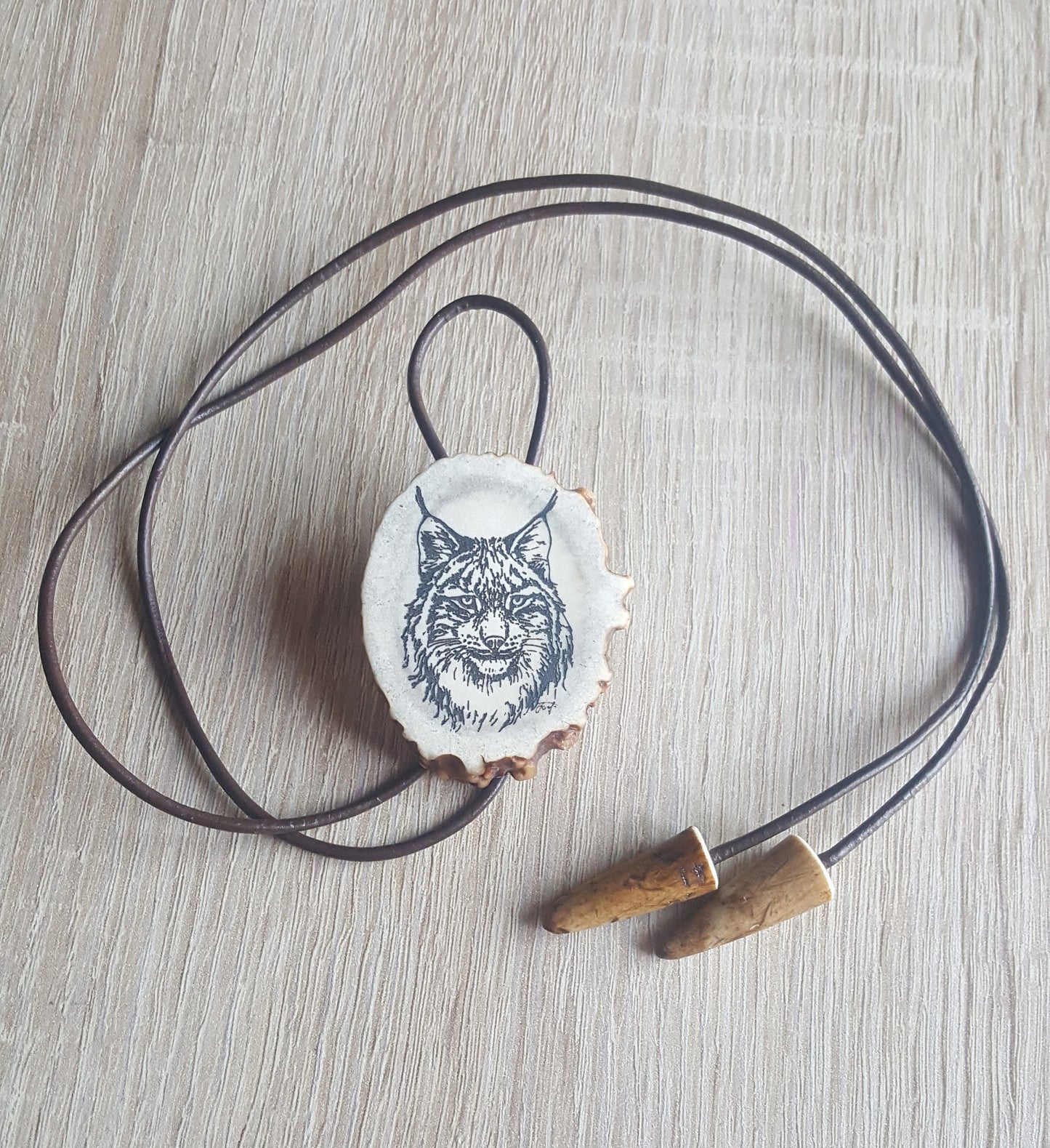 Engraved Lynx Bolo Tie: Deer Horn Pendant, Western Necklace