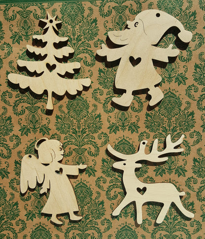 Laser Cut Wood Christmas Ornaments: Gnome, Angel, Deer, Tree - Set of 4