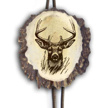Men western bolo tie Leather antler necklace for him Native necklace with engraved pendant Statement cowboy bolo Hunters Gift Deer hunting