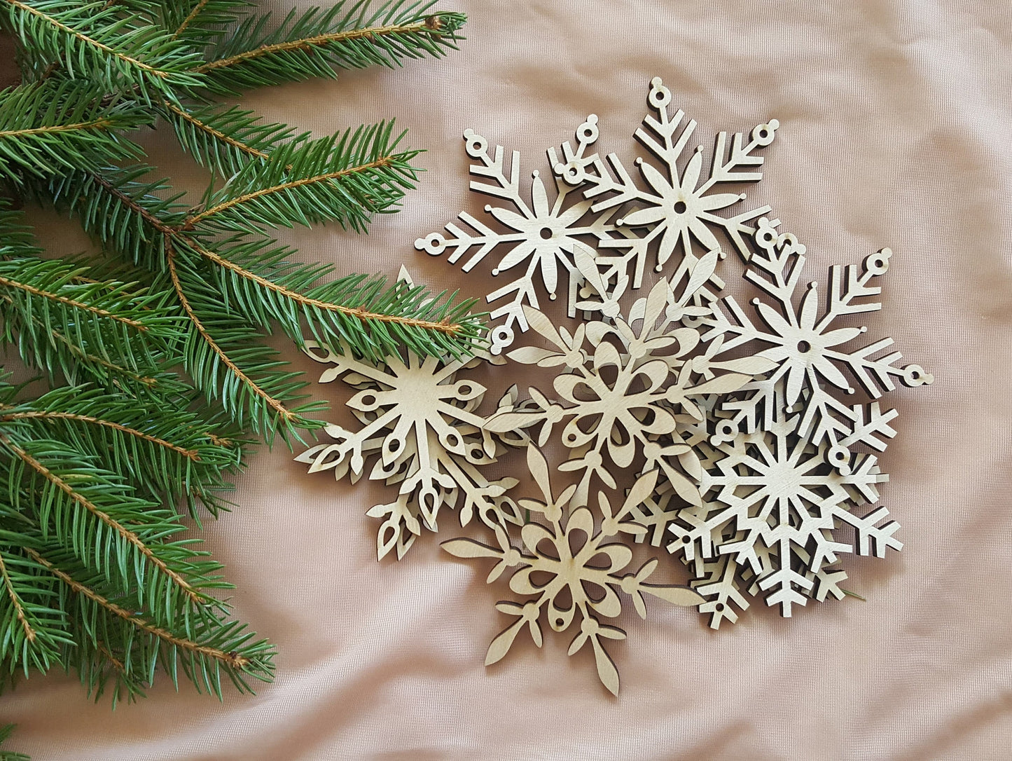 Laser Cut Wood Snowflake Ornaments - Set of 12 - Xmas Tree Decor