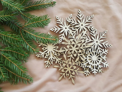 Laser Cut Wood Snowflake Ornaments - Set of 12 - Xmas Tree Decor