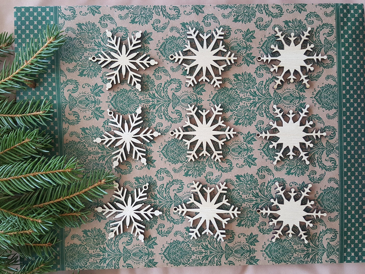 Laser Cut Wood Snowflake Ornaments: Christmas Holiday Decor, Set of 9