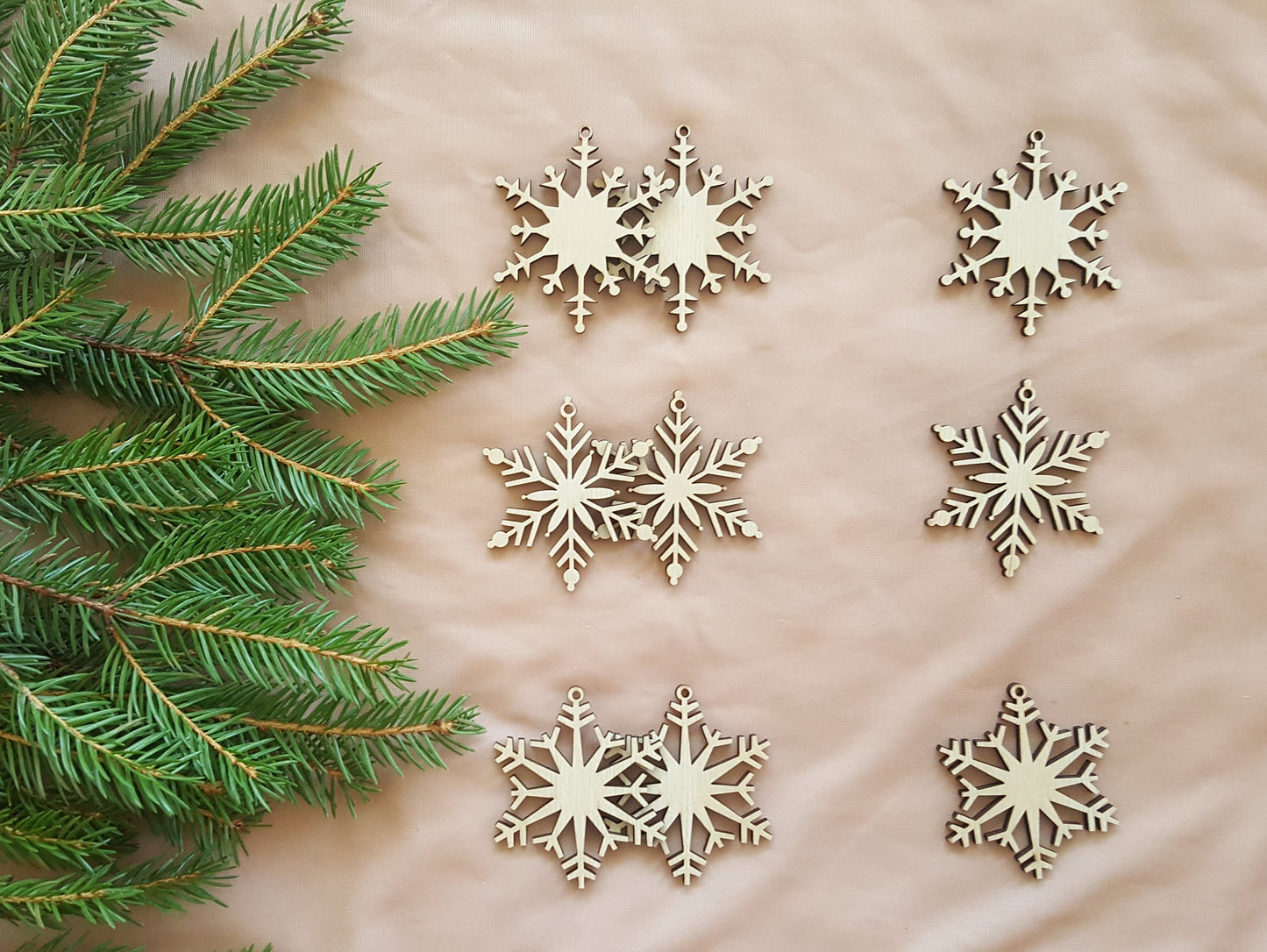 Laser Cut Wood Snowflake Ornaments: Christmas Holiday Decor, Set of 9