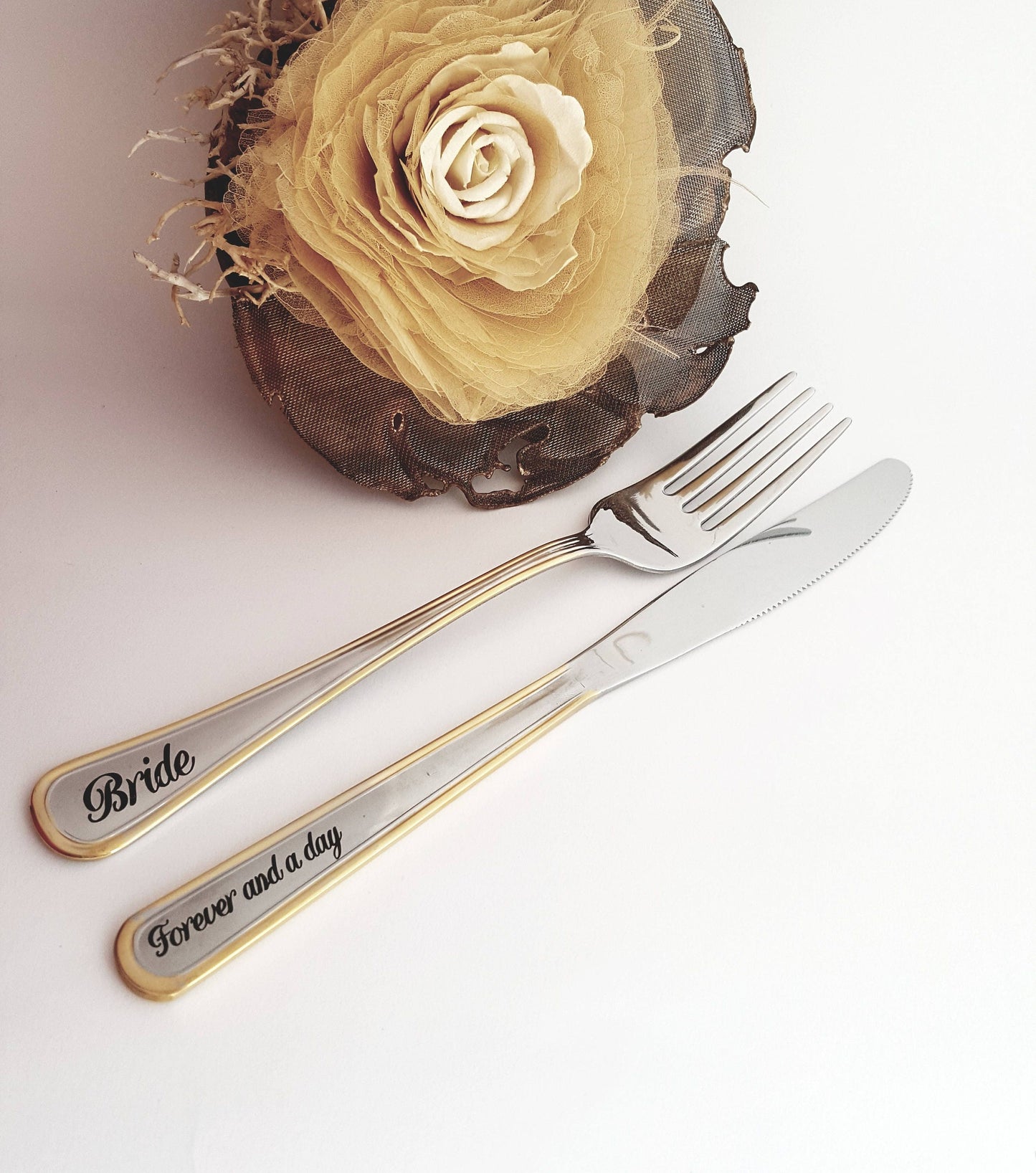 Engraved Wedding Knife and Fork Set: Personalized Gold Silverware