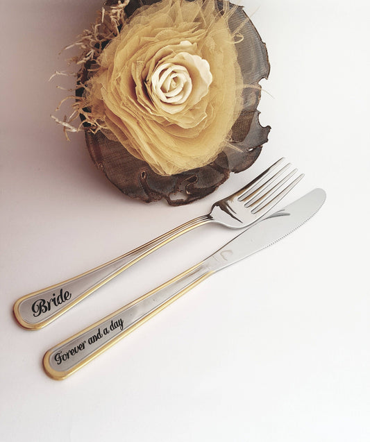 Engraved Wedding Knife and Fork Set: Personalized Gold Silverware