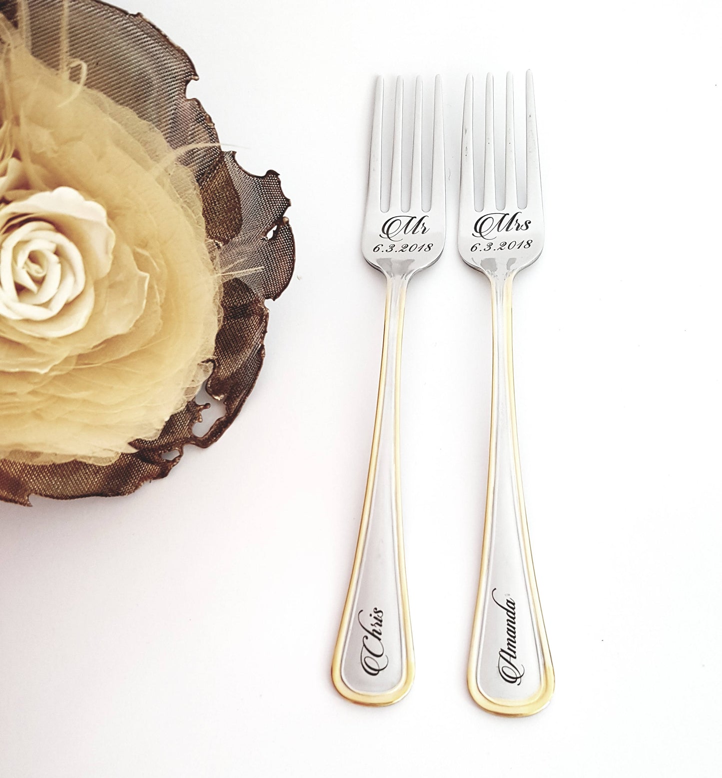 Engraved Wedding Forks Set: Personalized Mr & Mrs Gold Trim Flatware