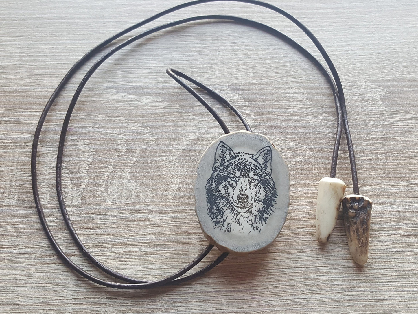 Engraved Wolf Bolo Tie: Deer Horn Pendant, Leather Strap Necklace