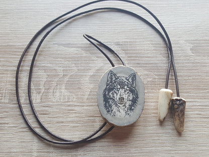 Engraved Wolf Bolo Tie: Deer Horn Pendant, Leather Strap Necklace