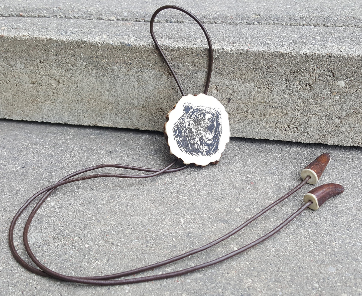 Engraved Grizzly Bear Bolo Tie: Handmade Deer Horn Pendant Necklace US TAXES PAID
