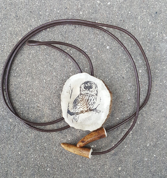 Engraved Owl Bolo Tie: Deer Horn Pendant, Leather Strap Western Necklace