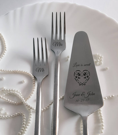 Engraved Wedding Cake Server Set: Personalized Stainless Steel Forks, Couple Gift