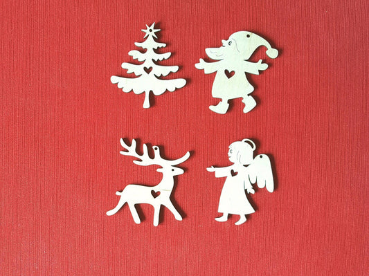 Laser Cut Wood Christmas Ornaments: Gnome, Angel, Deer, Tree - Set of 4