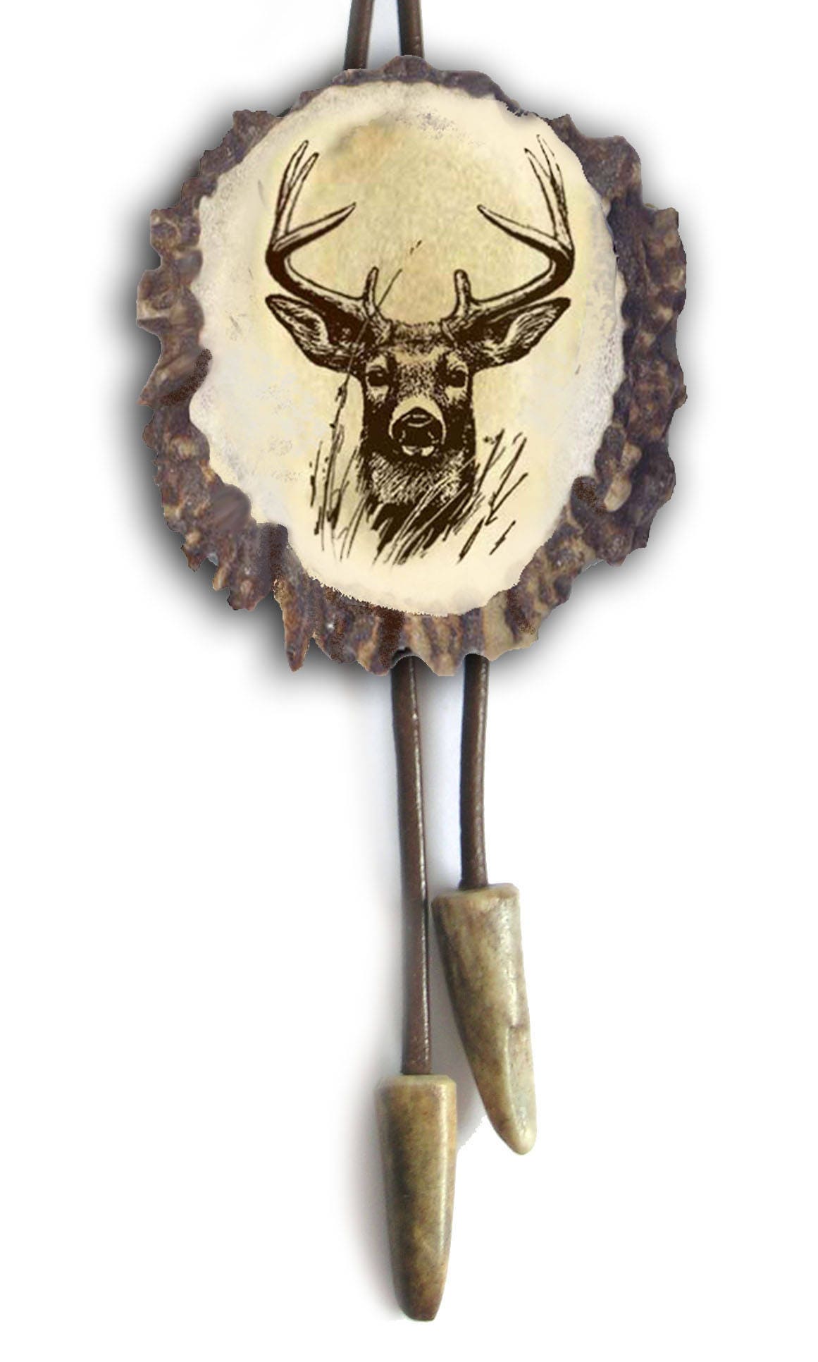 Men western bolo tie Leather antler necklace for him Native necklace with engraved pendant Statement cowboy bolo Hunters Gift Deer hunting