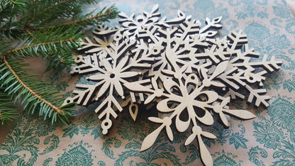 Laser Cut Wood Snowflake Ornaments - Set of 12 - Xmas Tree Decor