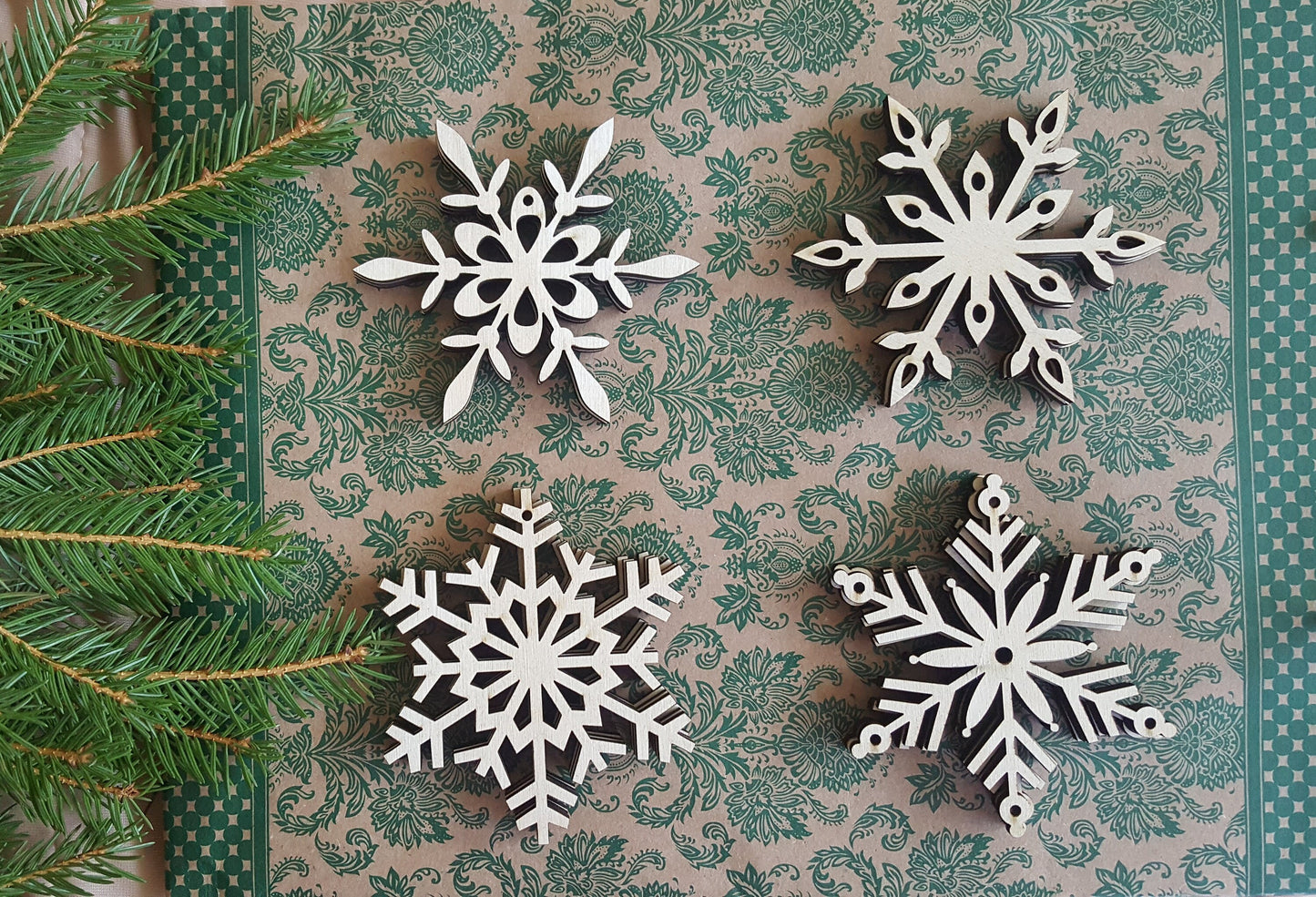 Laser Cut Wood Snowflake Ornaments - Set of 12 - Xmas Tree Decor