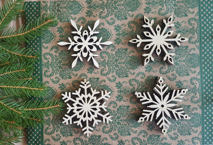 Laser Cut Wood Snowflake Ornaments - Set of 12 - Xmas Tree Decor