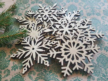 Laser Cut Wood Snowflake Ornaments - Set of 12 - Xmas Tree Decor