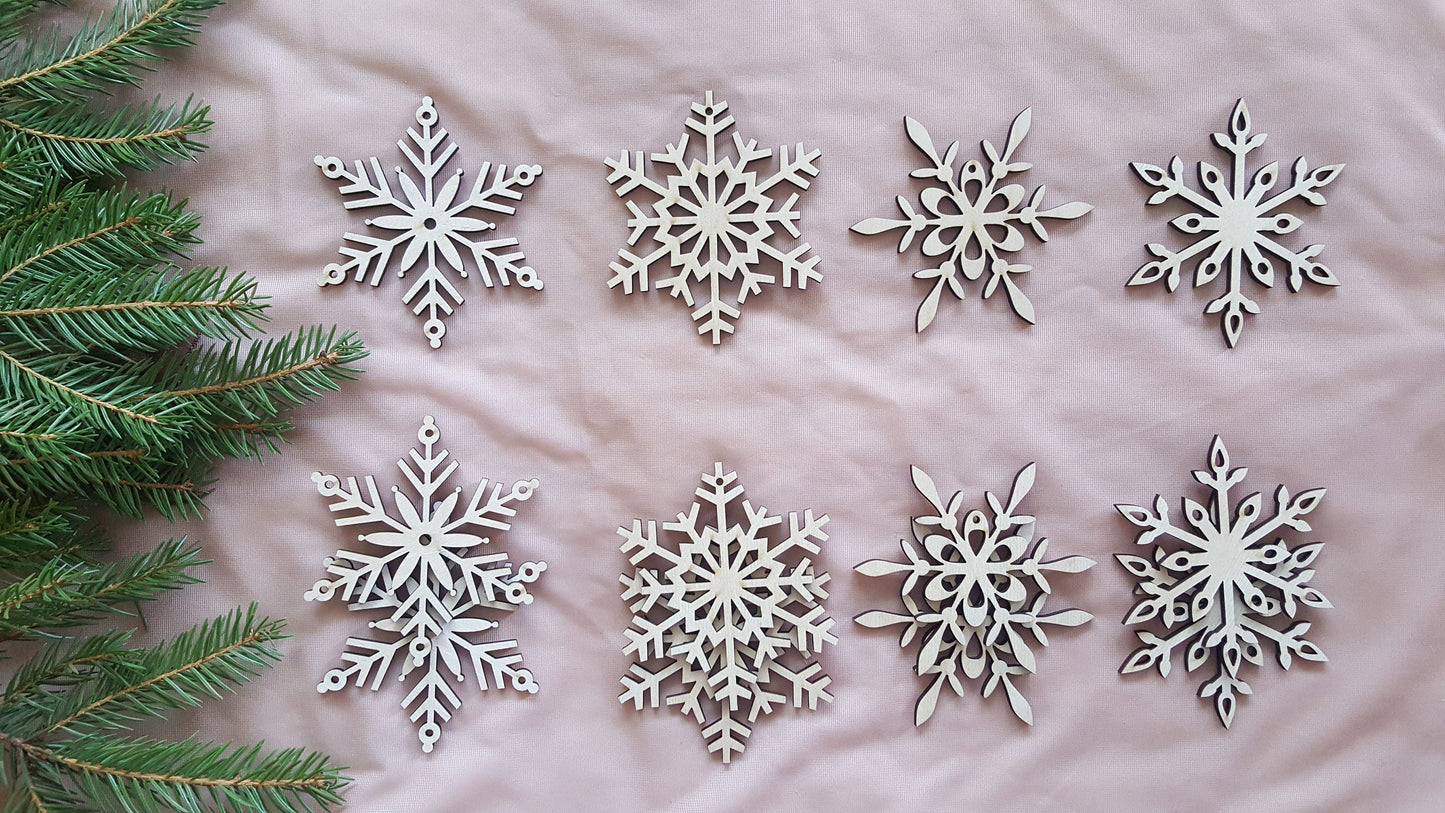 Laser Cut Wood Snowflake Ornaments - Set of 12 - Xmas Tree Decor