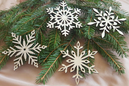 Laser Cut Wood Snowflake Ornaments - Set of 12 - Xmas Tree Decor