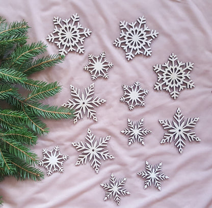 Laser Cut Wooden Snowflake Christmas Ornaments - Set of 12