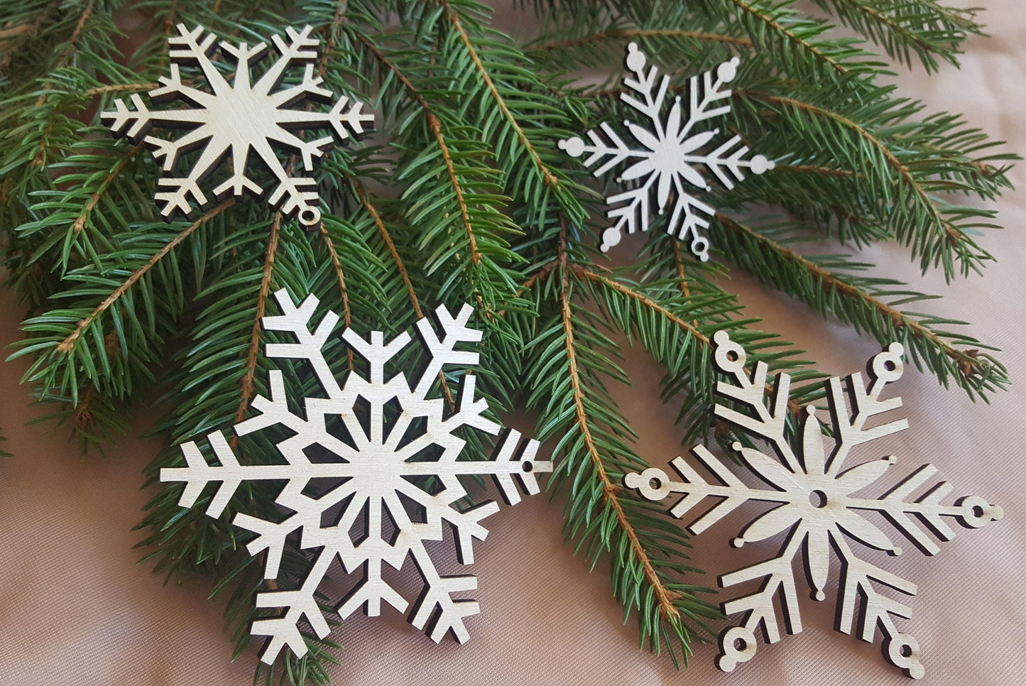 Laser Cut Wooden Snowflake Christmas Ornaments - Set of 12