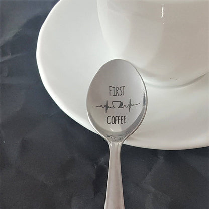 Engraved Coffee Spoon: "First Coffee" Stainless Steel Gift