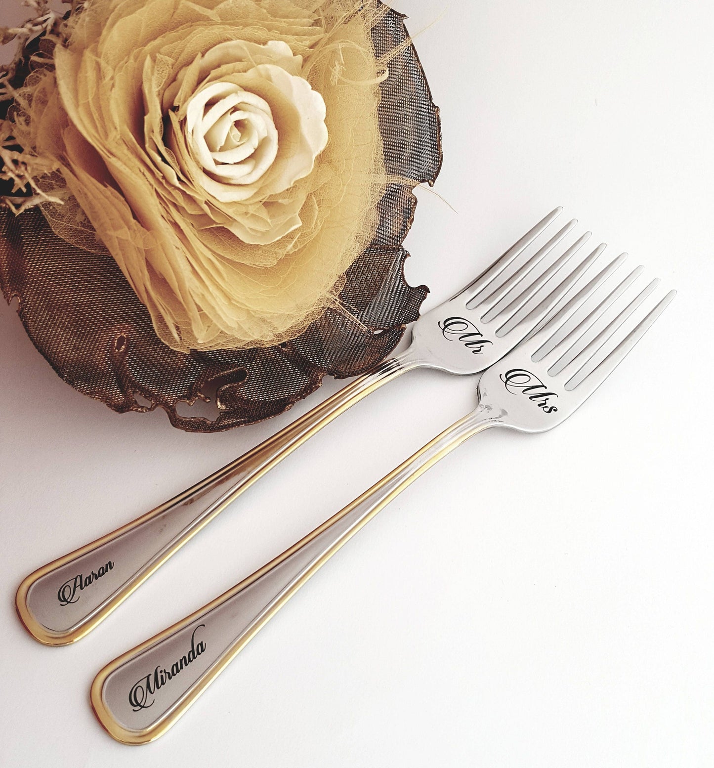 Engraved Wedding Forks: Mr. & Mrs. Personalized Stainless Steel Dining Set