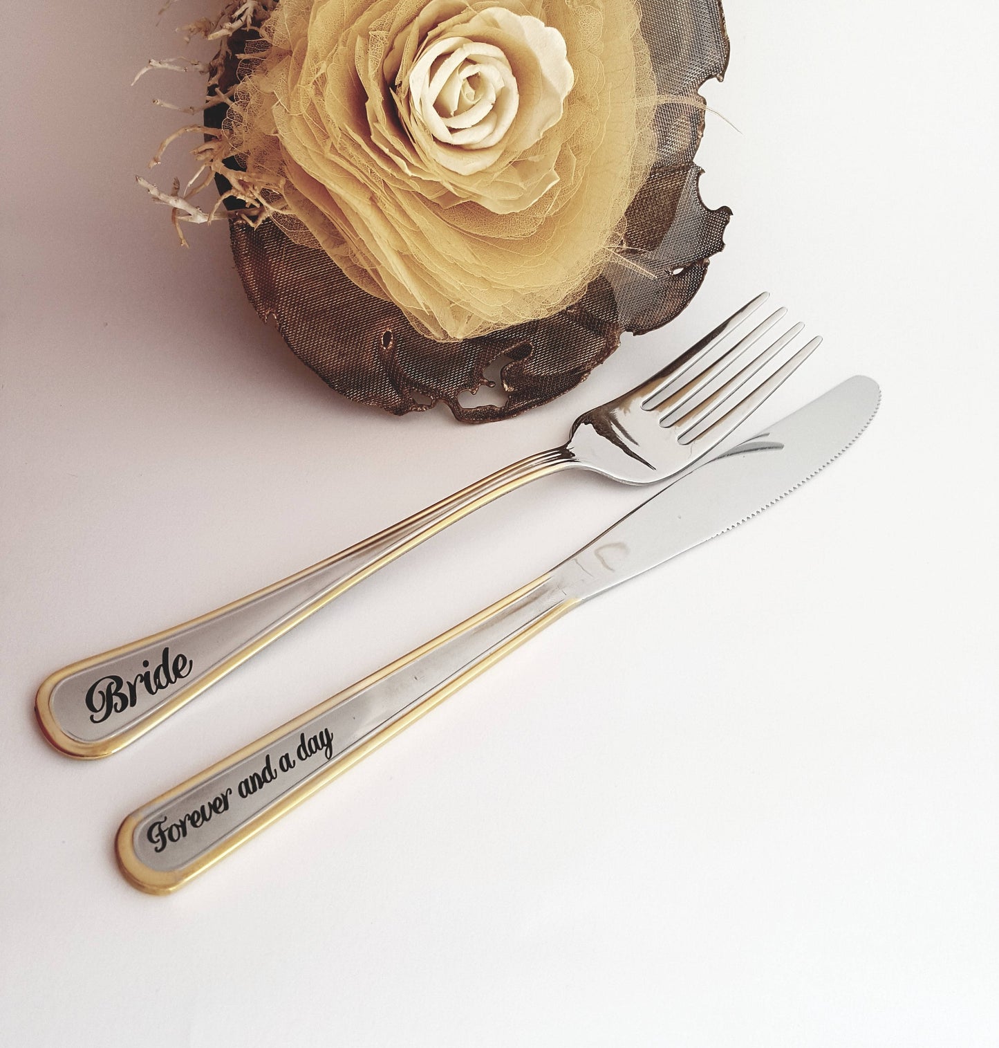 Engraved Wedding Knife and Fork Set: Personalized Gold Silverware