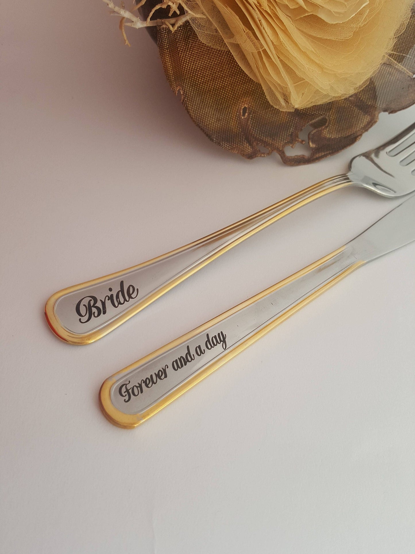 Engraved Wedding Knife and Fork Set: Personalized Gold Silverware