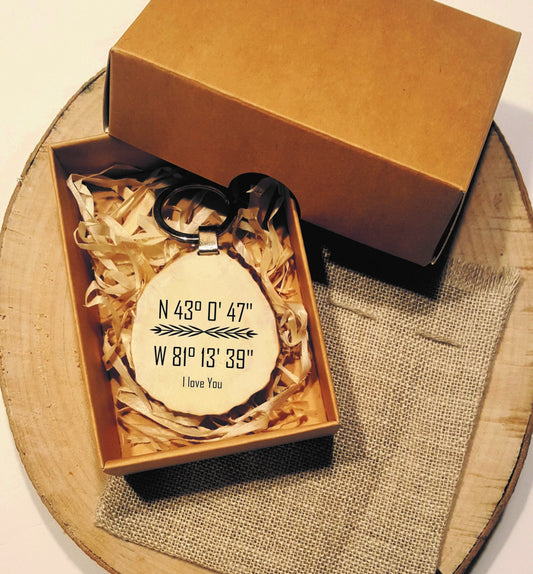 Engraved Coordinates Keychain: Custom GPS Location Deer Horn Keyring
