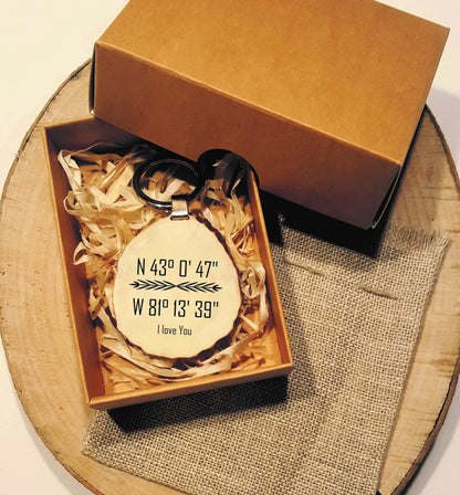 Engraved Deer Horn Keychain: Personalized GPS Coordinates Gift