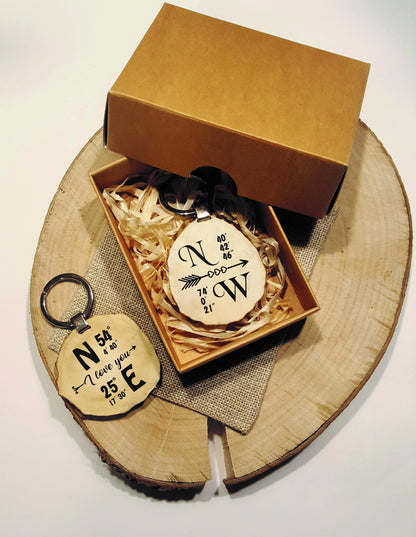 Engraved GPS Coordinates Keychain: Long Distance Gift, Deer Horn Key Fob