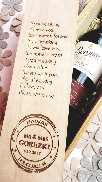 Romantic Quote Gift Wood Wine Box Custom Engraved Love Stamp Funny Valentines Day Wedding Wine Ceremony Gift 1st Anniversary Gift For Couple